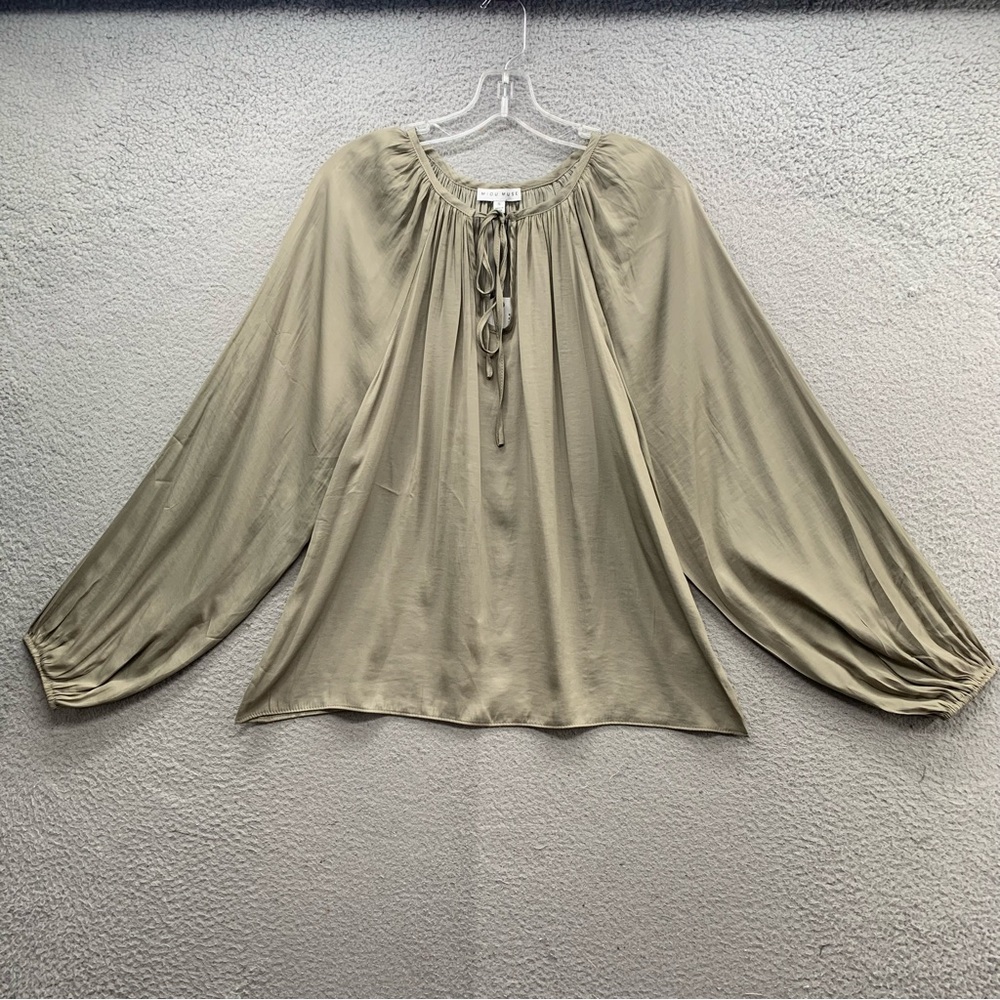 Miou Muse Beige Sage Peasant Boho Satin Top Blouse Drawstring Neck Pleats Size S